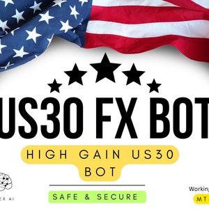 Może przedstawiać: US30 FX BOT, bot US30 o wysokiej wydajności, z pięciogwiazdkową oceną, działający na MT4. Obraz przedstawia flagę USA, ikonę mózgu i tekst "BEZPIECZNY I ZABEZPIECZONY".