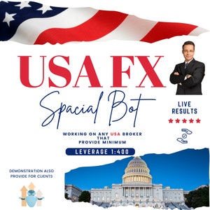 Könnte beinhalten: Eine Grafik mit einer rot-weiß-blauen amerikanischen Flagge im Hintergrund. Der Text "USA FX Spacial Bot" ist in großen roten Buchstaben. Der Text "WORKING ON ANY USA BROKER THAT PROVIDE MINIMUM LEVERAGE 1:400" ist in schwarzen Buchstaben. Der Text "LIVE RESULTS" ist in schwarzen Buchstaben mit fünf goldenen Sternen darunter. Ein Mann im schwarzen Anzug steht mit verschränkten Armen. Ein weißes Gebäude mit einer Kuppel befindet sich in der rechten unteren Ecke des Bildes.