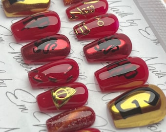 Luxury Gel Press on Nails - Durable & Reusable - Hand Painted - Wizzard House Red Lion - Short Coffin