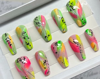 Gel Press on Nails - Free UK Delivery - Durable & Reusable - Hand Painted - Neon Brush Strokes Chrome Silver and Black Accents - Mid Coffin