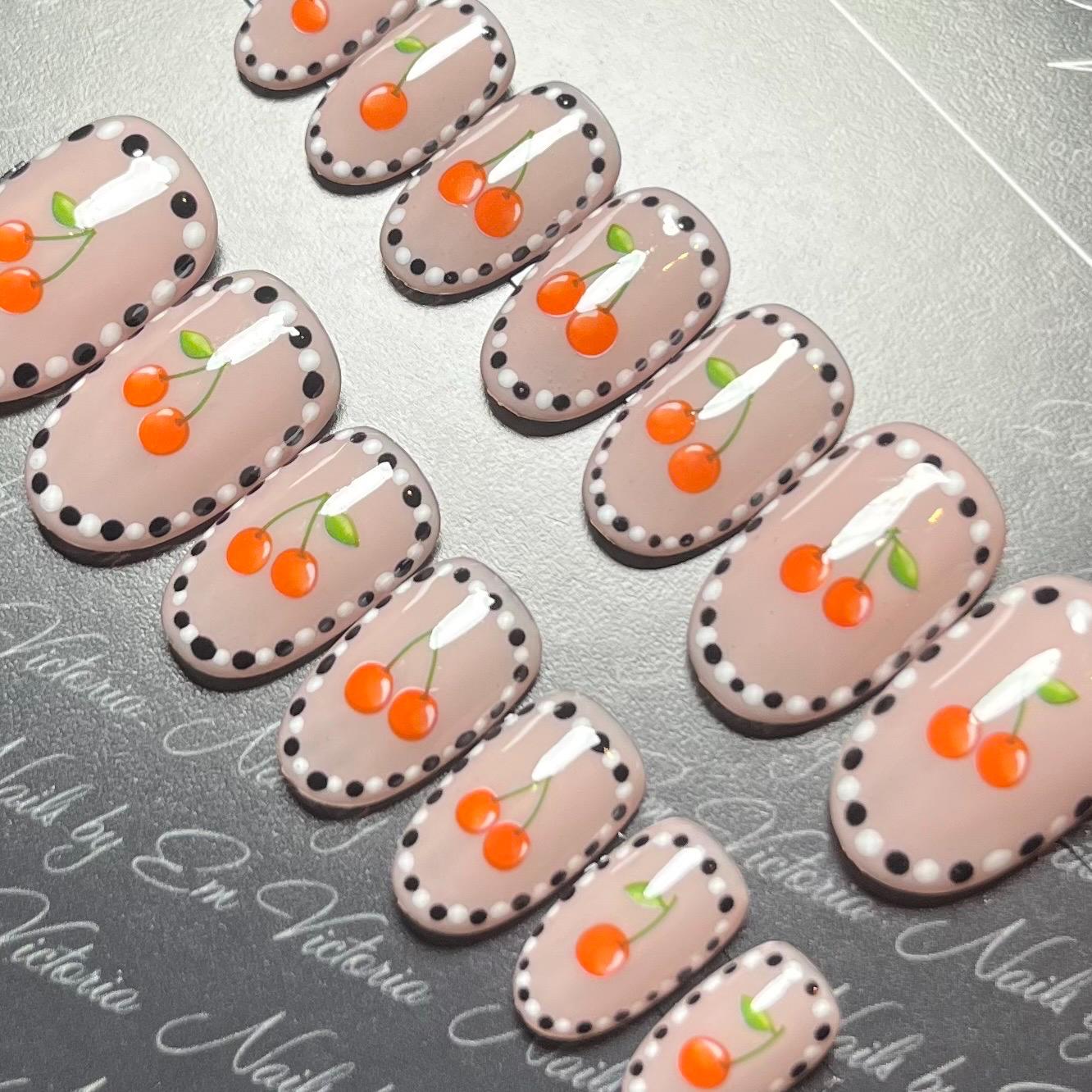 Luxury Gel Press on Nails - Durable & Reusable - Hand Painted - Dotted Border Cherries - Short Round