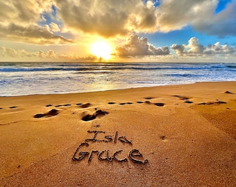 Personalized Sunrise Beach Writing on a Kauai Beach