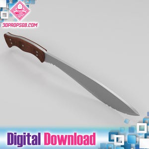 May include: A machete with a wooden handle and a silver blade. The handle is brown with a white accent. The blade is long and curved. The words "Digital Download" are in the image.