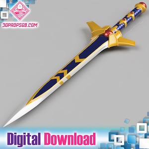 Puede incluir: Una espada decorativa con empuñadura y detalles dorados, una hoja azul y dorada y un pomo rojo. La hoja tiene un borde blanco y un centro azul con diseños dorados en forma de flecha. El texto "Digital Download" está en la parte inferior.