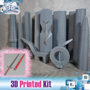 Puede incluir: Un conjunto de componentes grises impresos en 3D, que incluyen formas cilíndricas y geométricas, y una espada con empuñadura y vaina rojas. El texto "3D Printed Kit" está en la parte inferior de la imagen.