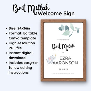 Brit Milah with Baby Elephant Design, 2&#39;x3&#39; ,Welcome Baby Boy Sign Editable Template, Jewish Ceremony, Custom Sign Baby Boy Brit Milah.2&#39;x3&#39;