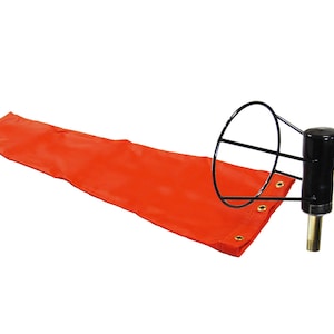 May include: A bright orange wind sock with a black metal frame and a black base. The wind sock is attached to the base with a metal rod.