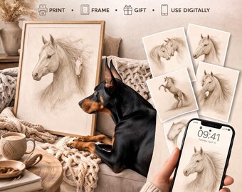 Set of 8 Neutral Horse Prints, Equestrian Wall Art, Hand-Drawn Sketches (Digital Download)
