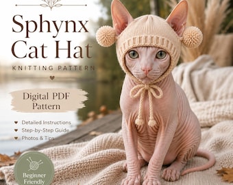 May include: A light beige knitted hat with two pom-poms and chin ties worn by a Sphynx cat. The image includes text: Sphynx Cat Hat, Knitting Pattern, Digital PDF Pattern, Detailed Instructions, Step-by-Step Guide, Photos & Tips, Beginner Friendly.