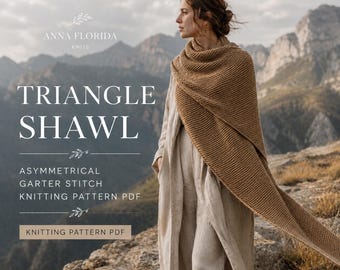 Triangle Shawl Knitting Pattern PDF, Asymmetrical Knit Wrap, Garter Stitch