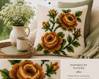 Floral Pillow Knitting Pattern, Rose Colorwork Cushion Cover (PDF Download)