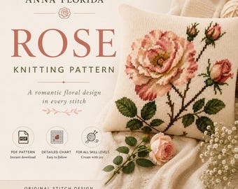 May include: A knitting pattern document titled ANNA FLORIDA ROSE KNITTING PATTERN featuring a square cream-colored pillow with a large pink rose and green leaf design. The text includes PDF PATTERN, DETAILED CHART, and FOR ALL SKILL LEVELS.