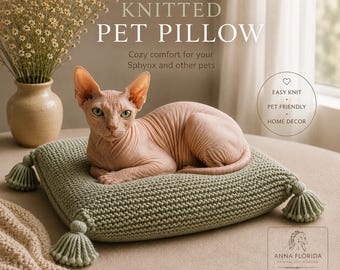 May include: A sage green square knitted pet pillow with four corner tassels, featuring a Sphynx cat resting on top. The text reads: KNITTED PET PILLOW, Cozy comfort for your Sphynx and other pets, EASY KNIT, PET FRIENDLY, HOME DECOR, ANNA FLORIDA.