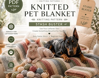 May include: A PDF knitting pattern for a pet blanket titled Knitted Pet Blanket by Anna Florida. The image features a hairless cat and a Doberman dog resting on a striped, multi-colored knitted blanket, with a basket of yarn balls in the foreground.