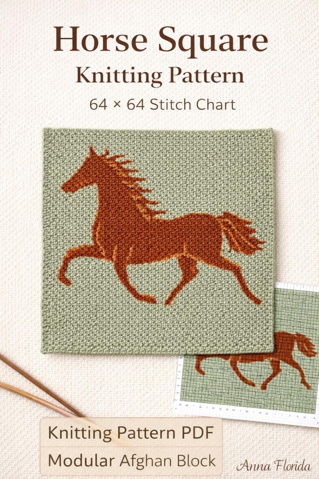 Horse Square Knitting Pattern • Modular Afghan Block (PDF) 64x64 Stich ...
