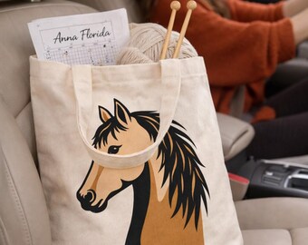 Anna Florida Horse Tote Bag, Natural Cotton Canvas, Minimalist Equestrian Design