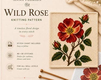 May include: A knitting pattern titled ANNA FLORIDA WILD ROSE featuring a square knitted swatch with a red rose and green leaves, two wooden knitting needles, and a grid-based stitch chart. The text includes STITCH CHART INCLUDED and 45 x 55 STITCHES.