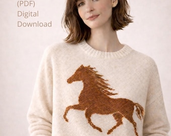 May include: Cream-colored sweater featuring a brown horse design. The sweater has a crew neck and long sleeves. Text on the image reads "KNITTING PATTERN (PDF) Digital Download".