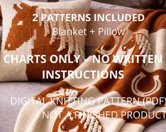 May include: A knitted blanket and pillow set featuring a horse design in shades of brown and cream. The blanket is draped over a sofa, and the pillow is propped up against it. The text on the image says "2 PATTERNS INCLUDED Blanket + Pillow".