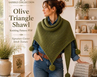 Olive Triangle Shawl Knitting Pattern, Garter Stitch, Handmade Pom-Poms (PDF)