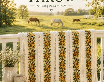 May include: A cream-colored knitted throw blanket featuring vertical stripes of yellow and green floral patterns. The text ANNA FLORIDA FLORAL THROW Knitting Pattern PDF is displayed at the top of the image, with a small heart icon below.