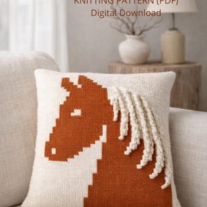 Patrón de tejido para cojín de caballo rúnico en PDF: cojín de punto escandinavo con motivo de caballo nórdico, descarga digital