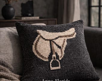 May include: A dark gray square pillow with a knitted saddle motif in beige and brown tones. The pillow is on a gray sofa with a matching throw. Text on the pillow reads "SADDLE MOTIF Knitting Pattern PDF" and "Anna Florida".