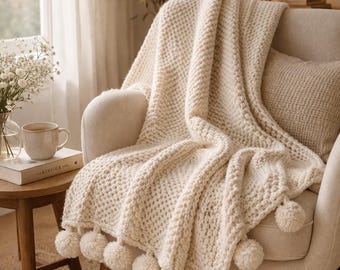 Chunky Knit Blanket Pattern, Pom Pom Edging, Beginner Friendly (PDF Download)