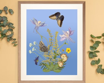 Vintage fine art print-collage of self-pressed flowers and butterflies, retro illustration, wall decoration, gift idea, butterfly