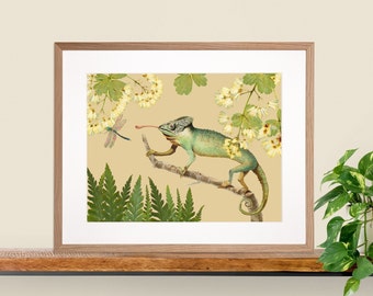 Vintage fine art print - collage of self-pressed flowers and a chameleon, retro illustration, wall decoration, gift, artwork