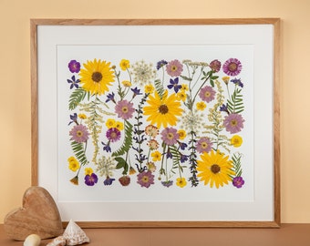 Pressed real flowers framed Artwork, Handmade home decor, Original Wall Art, Floral Art in frame and mounted, Gifts, herbarium, sunflowers