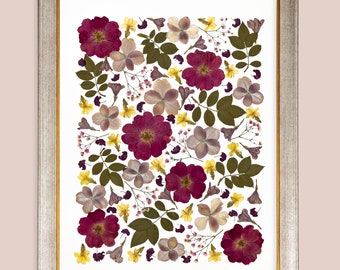 Pressed real flowers framed Artwork, Handmade home decor, Original Wall Art, Floral Art in frame and mounted, Gifts, Res Roses