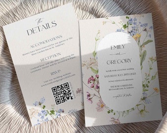 Wildflower Wedding Invitation with QR Code, Editable Invite, Printable Template, Minimal Colorful Floral Wedding Invite 5x7 size #Emily