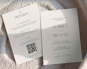 Minimal Wedding Invitation with QR code, Editable Invite, Printable Template, Neutral, Classic Timeless Wedding Design 5x7 size #aubrey