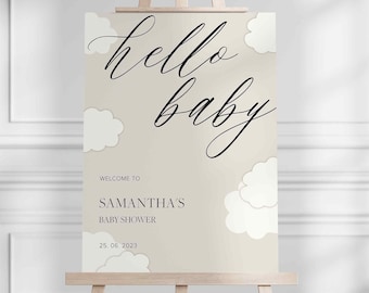 Hello Baby Cloud Welcome Sign, Printable, Downloadable Sign Template, Minimal, Neutral, Baby Shower Sign 18x24 and 24x36 sizes #Samantha