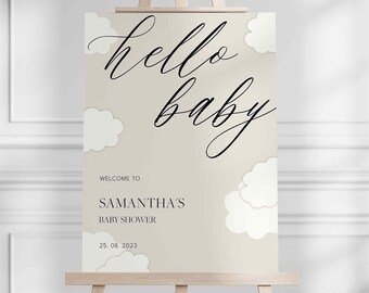Hello Baby Cloud Welcome Sign, Printable, Downloadable Sign Template, Minimal, Neutral, Baby Shower Sign 18x24 and 24x36 sizes #Samantha