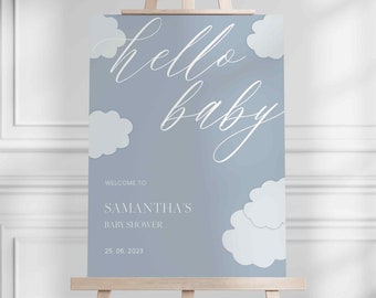 Blue Cloud Welcome Sign, Hello Baby, Printable, Downloadable Sign Template, Minimal, Baby Boy Shower Sign 18x24 and 24x36 sizes
