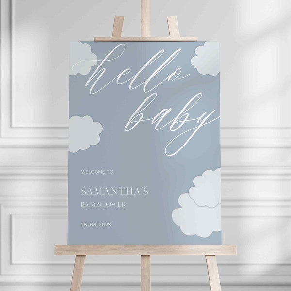 Blaue Wolke Willkommensschild, Hallo Baby, druckbare, herunterladbare Zeichenvorlage, Minimal, Baby-Dusche-Zeichen 18x24 und 24x36 Größen