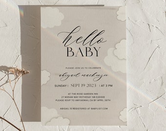 CLOUD Editable Baby Shower Invitation, Hello Baby, Neutral Clouds, Printable, Downloadable Invite, Neutral, Minimal