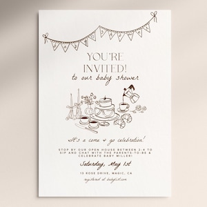 以下が含まれることがあります： バナー、ケーキ、コーヒーのイラストが描かれたベビーシャワーの招待状。「YOU'RE INVITED! to our baby shower」と書かれています。追加のテキストには、イベントの詳細と日付（5月1日土曜日）が含まれています。