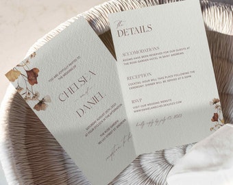 Fall Wedding Invitation, Editable Invite, Printable Template, Fall Flower Floral Wedding Invite Design, DIY, 5x7 size #chelsea
