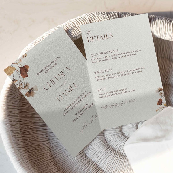 Fall Wedding Invitation, Editable Invite, Printable Template, Fall Flower Floral Wedding Invite Design, DIY, 5x7 size #chelsea