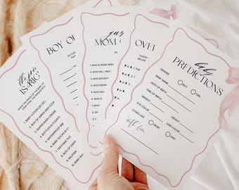 Pink Bow Baby Shower Games, 25 Editable Games, Coquette Bow Baby Shower Games, Printable Baby Bingo, Baby Predictions, Would she Rather #B