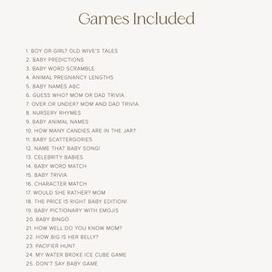 Puede incluir: Una tarjeta beige con el texto "Games Included" en marr&oacute;n. Debajo, se muestra una lista de 25 juegos para baby shower, incluyendo "Baby Bingo" y "Baby Pictionary with Emojis". El nombre de la tienda "KALI PRINT BOUTIQUE" est&aacute; en la parte inferior.