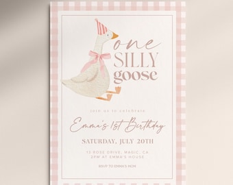 One Silly Goose First Birthday Invitation, First Birthday Invite, First Birthday Girl, 1st Birthday Invite, Editable Digital Invite #B