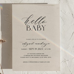 Editable Baby Shower Invitation, Hello Baby, Printable, Downloadable Invite, Neutral, Minimal, Linen image 1