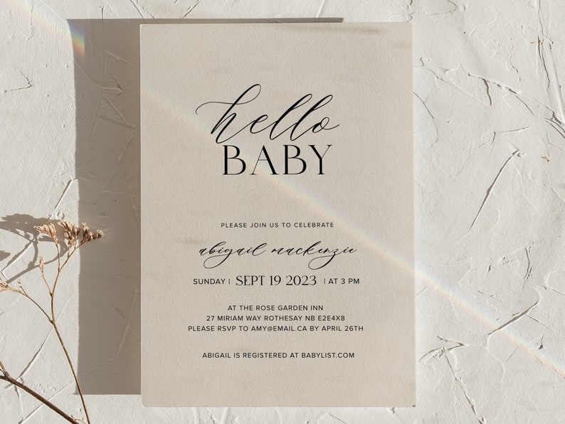 Editable Baby Shower Invitation, Hello Baby, Printable, Downloadable Invite, Neutral, Minimal, Linen image 1