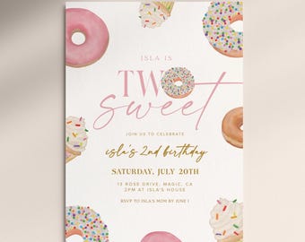 Two Sweet Birthday Invite, Donut Birthday, Second Birthday Girl, 2nd Birthday Invite, Editable Digital Invite, Donut Invitation, Two Sweet