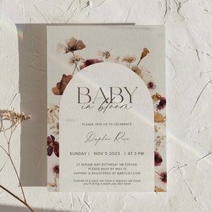 Può includere: Un invito a un baby shower con un design floreale. L'invito recita "Baby in Bloom" e include la data e l'ora dell'evento, nonché l'indirizzo e le informazioni RSVP. L'invito chiede anche agli ospiti di portare un libro invece di un biglietto.