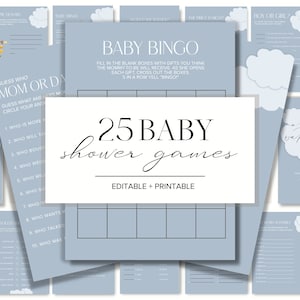 Puede incluir: Un conjunto de 25 juegos de baby shower imprimibles en un esquema de color azul y blanco. Los juegos incluyen "Adivina quién es mamá o papá", "Baby Bingo", "Se me rompió la fuente" y "Baby Picture Bingo".